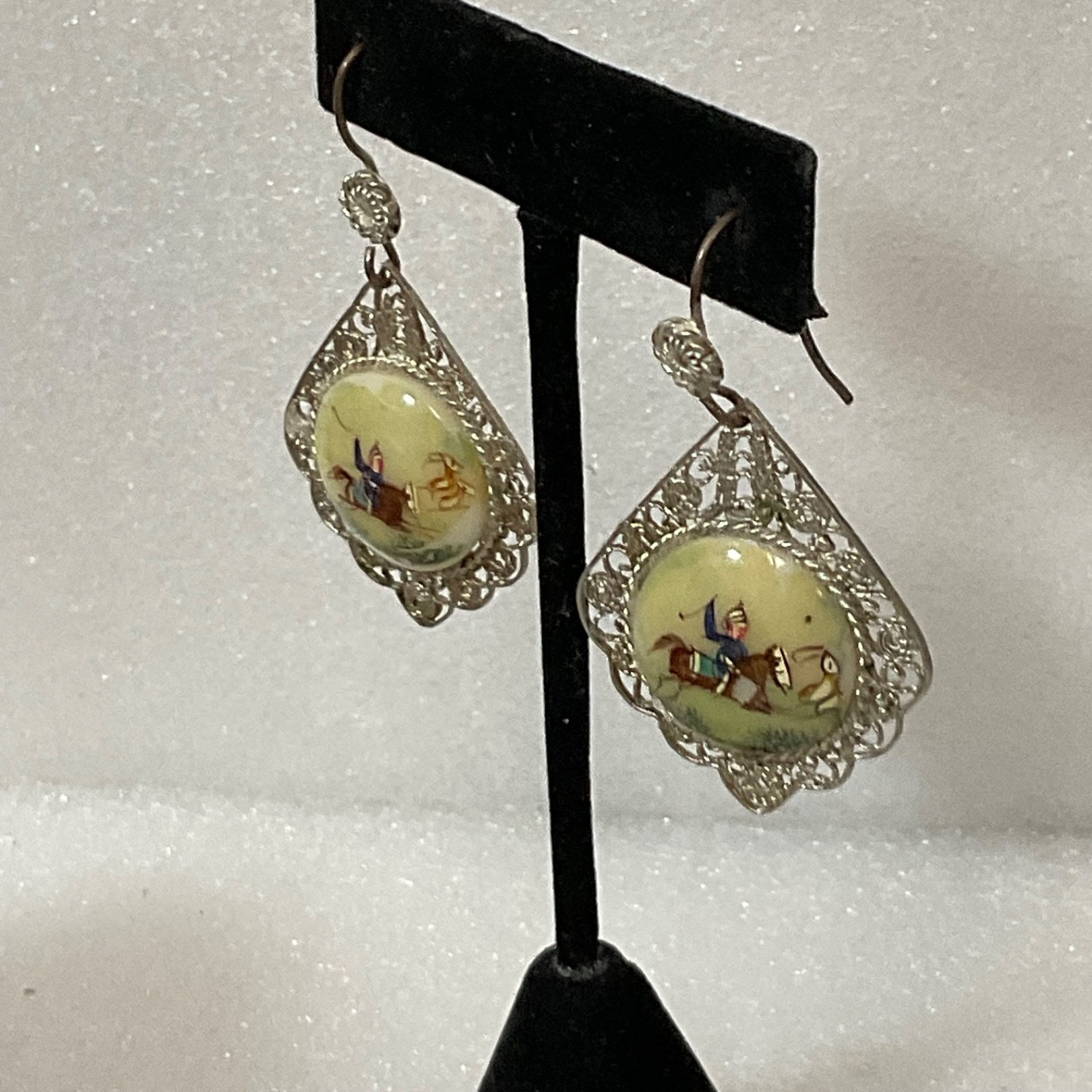 Antique Hand Painted Equestrian Button Earrings Horse Rider Filigree 11.38g - Image 14