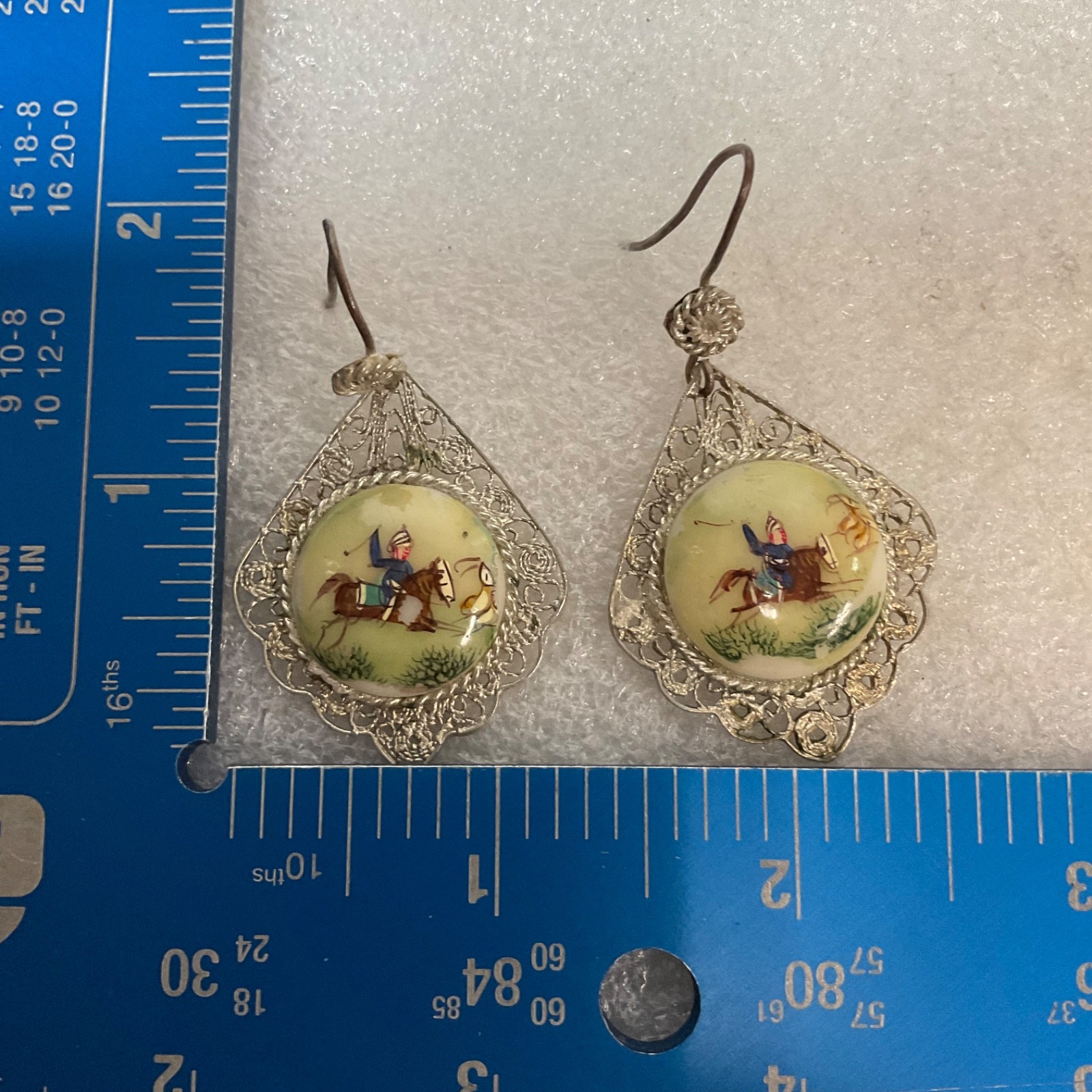 Antique Hand Painted Equestrian Button Earrings Horse Rider Filigree 11.38g - Image 19