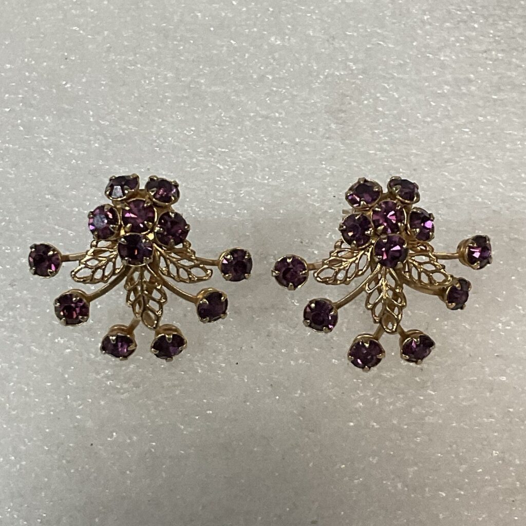 Vintage Purple Rhinestone Floral Cluster Clip-On Earrings Gold Tone - Image 1