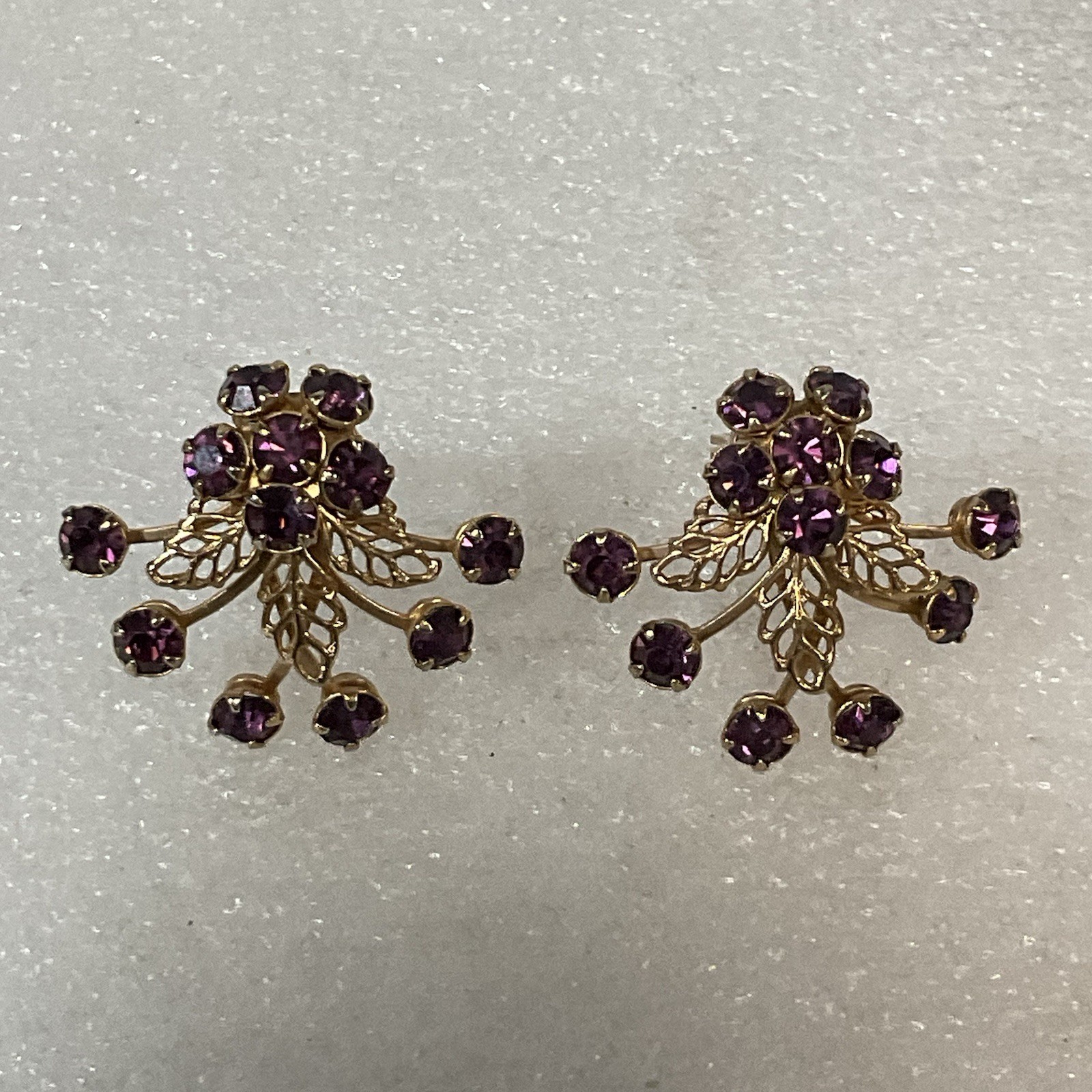 Vintage Purple Rhinestone Floral Cluster Clip-On Earrings Gold Tone - Image 1