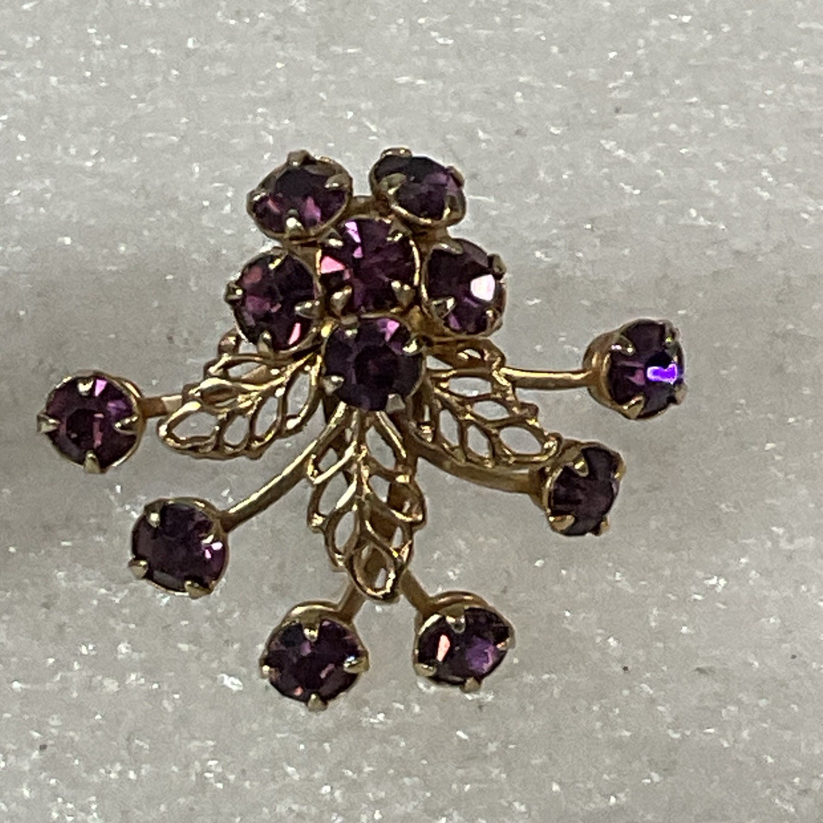 Vintage Purple Rhinestone Floral Cluster Clip-On Earrings Gold Tone - Image 2