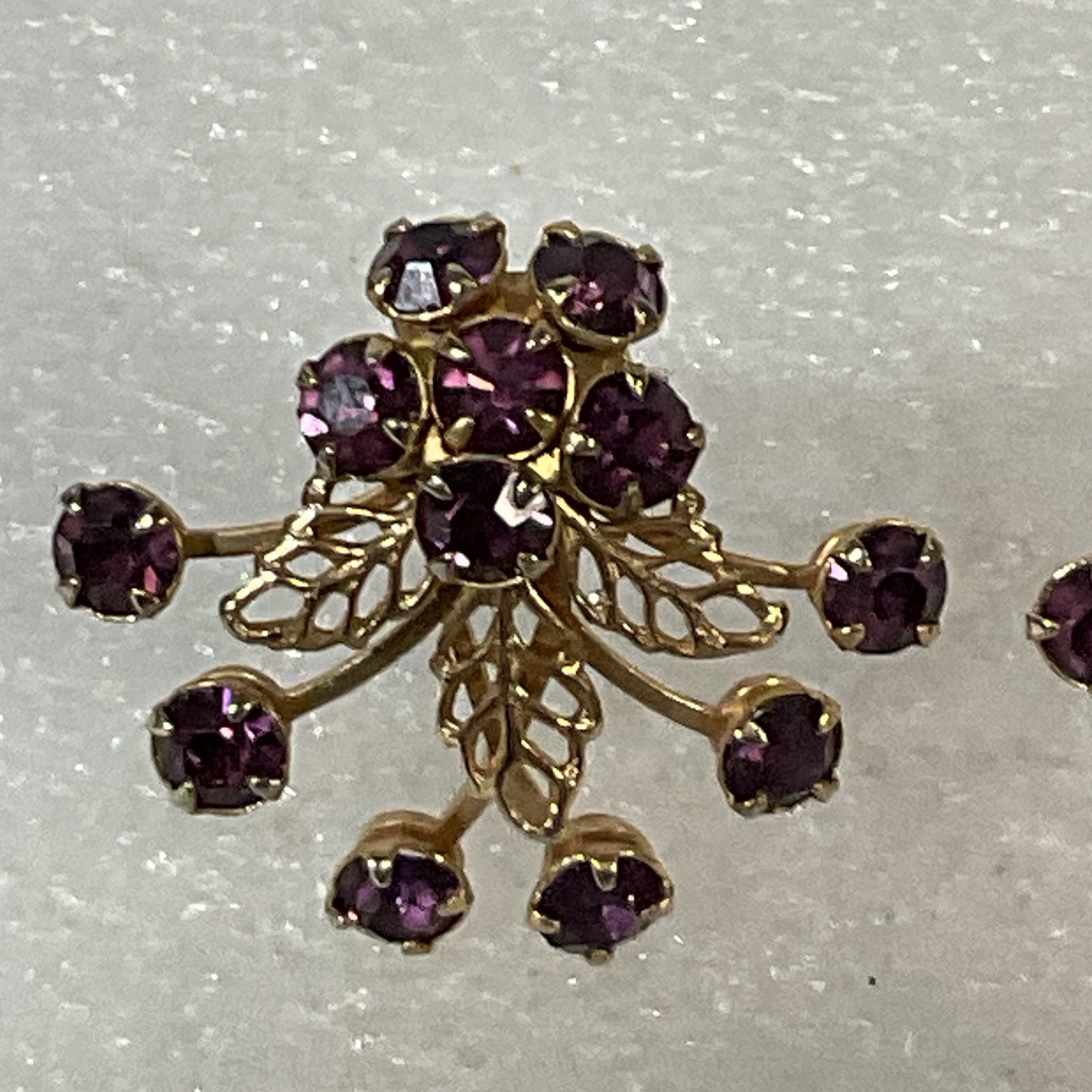 Vintage Purple Rhinestone Floral Cluster Clip-On Earrings Gold Tone - Image 3