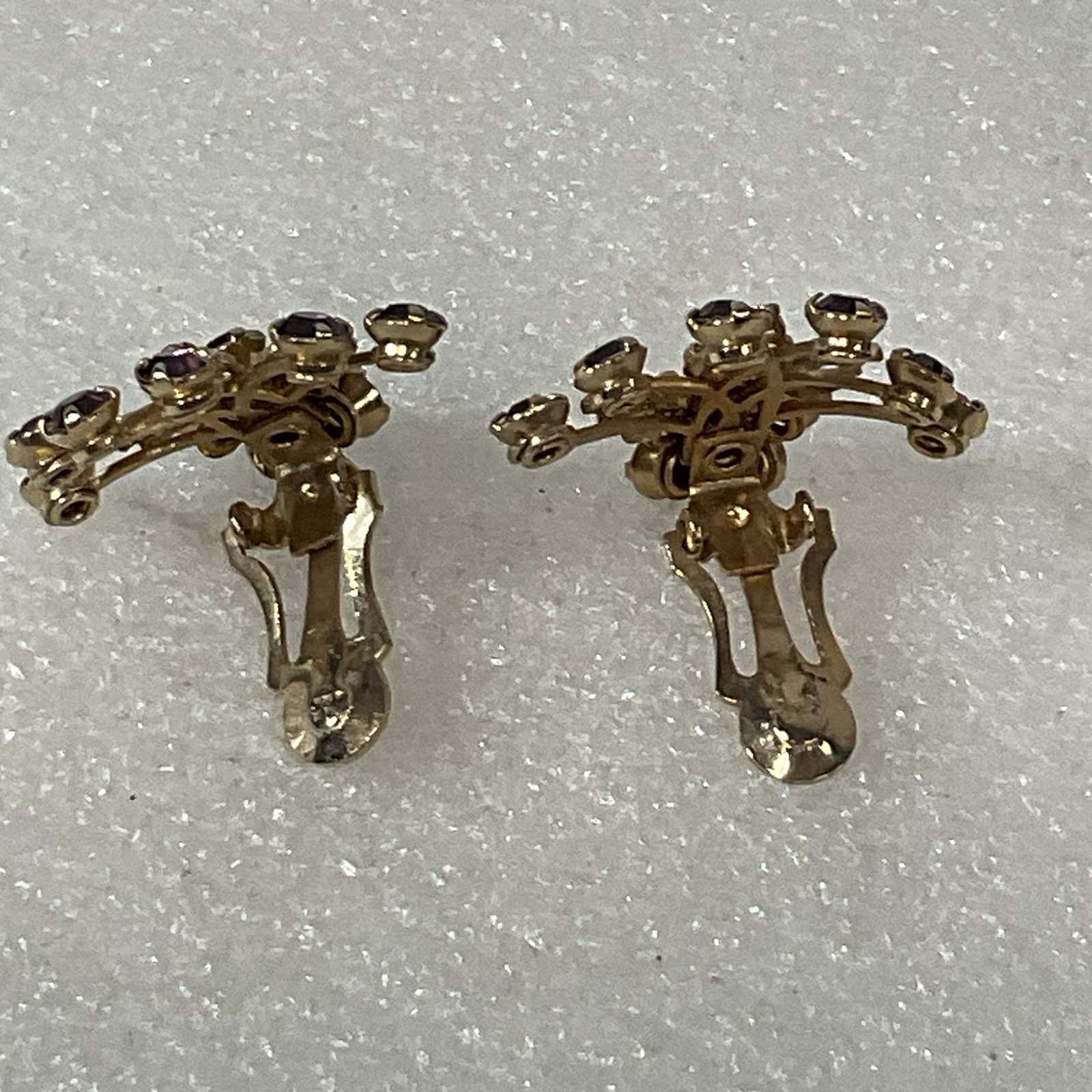 Vintage Purple Rhinestone Floral Cluster Clip-On Earrings Gold Tone - Image 7