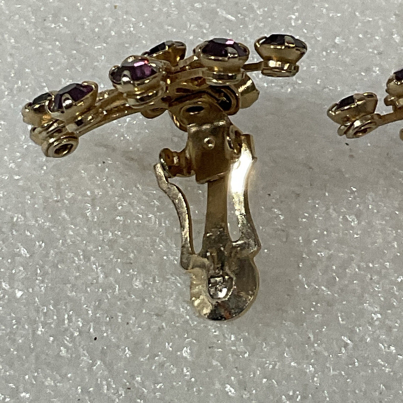 Vintage Purple Rhinestone Floral Cluster Clip-On Earrings Gold Tone - Image 9