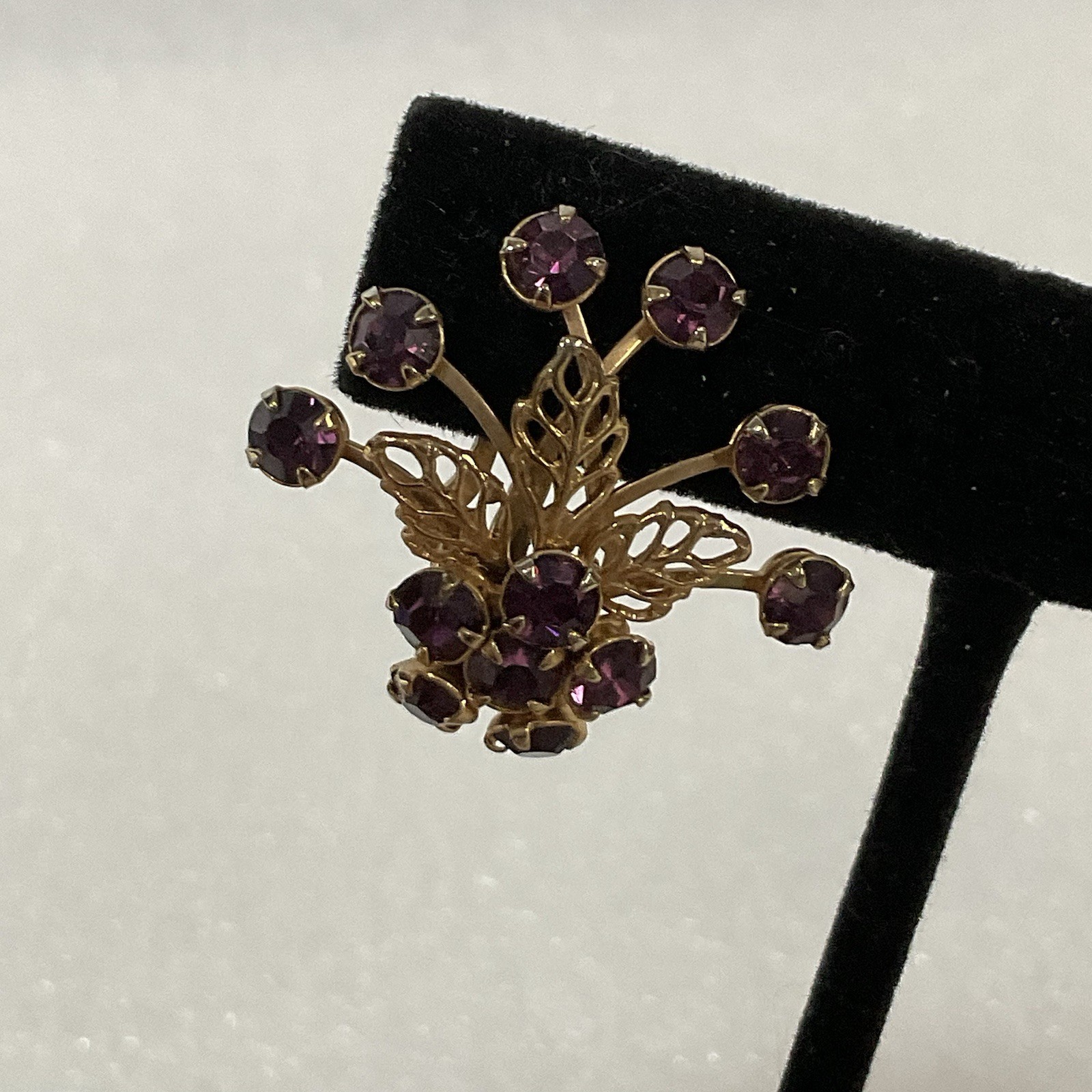 Vintage Purple Rhinestone Floral Cluster Clip-On Earrings Gold Tone - Image 12