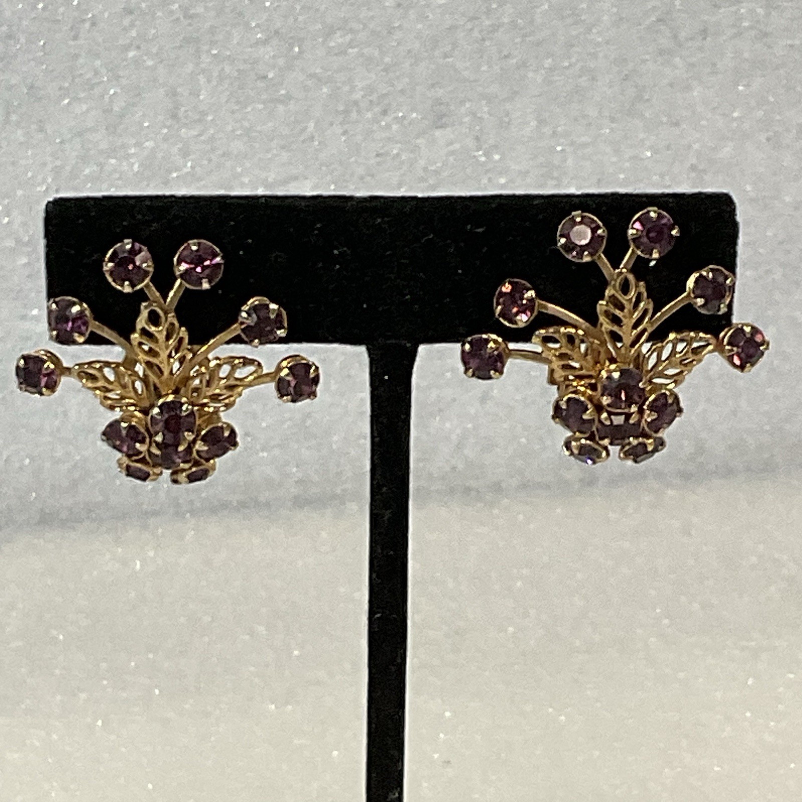 Vintage Purple Rhinestone Floral Cluster Clip-On Earrings Gold Tone - Image 10