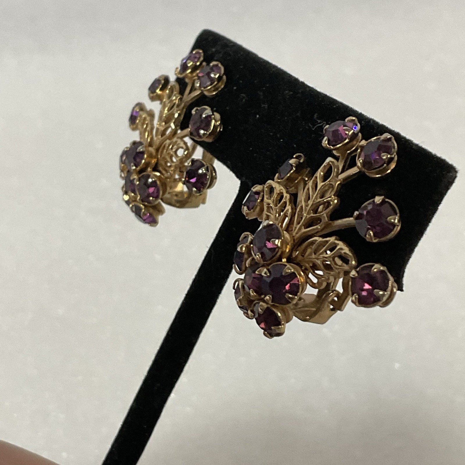 Vintage Purple Rhinestone Floral Cluster Clip-On Earrings Gold Tone - Image 14