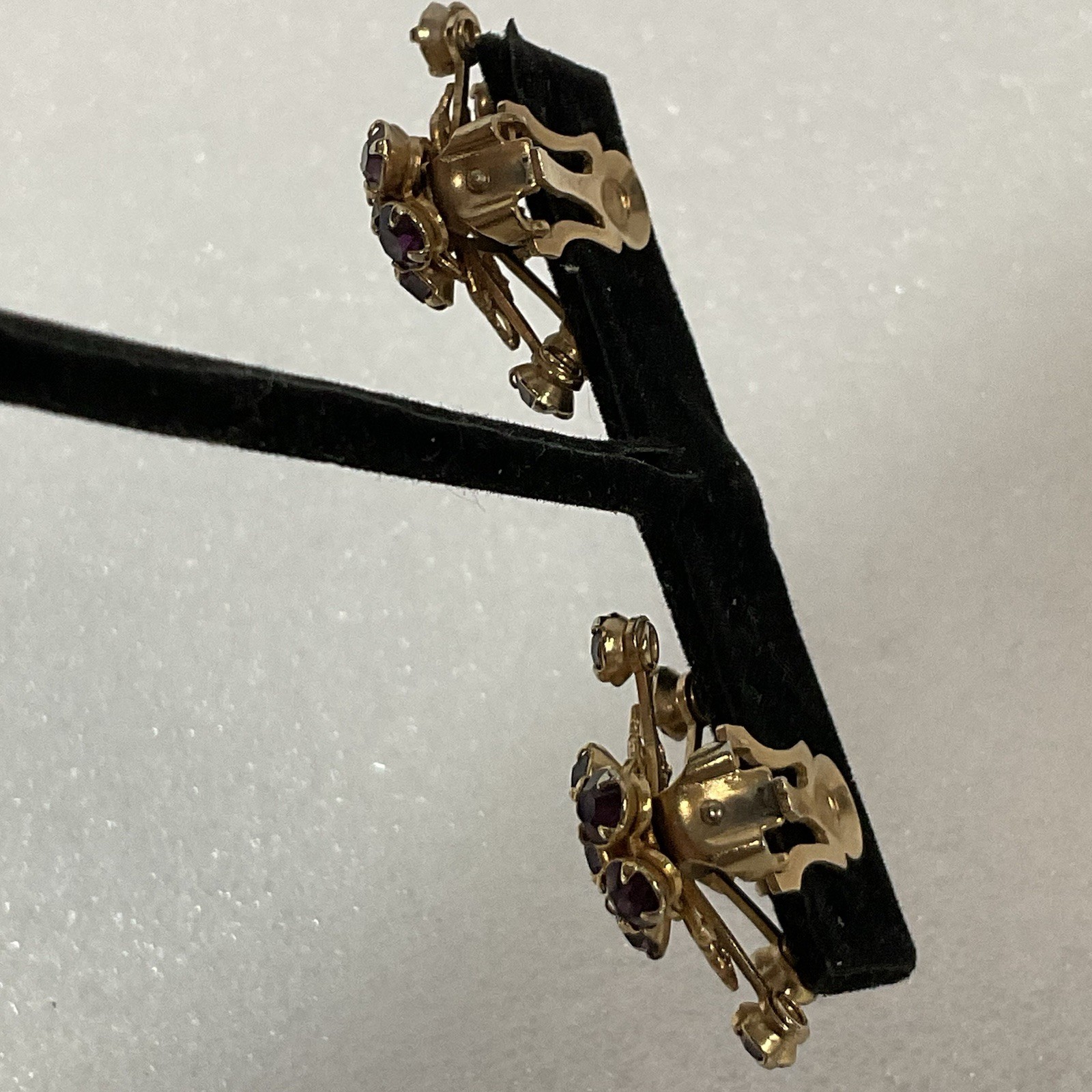 Vintage Purple Rhinestone Floral Cluster Clip-On Earrings Gold Tone - Image 16