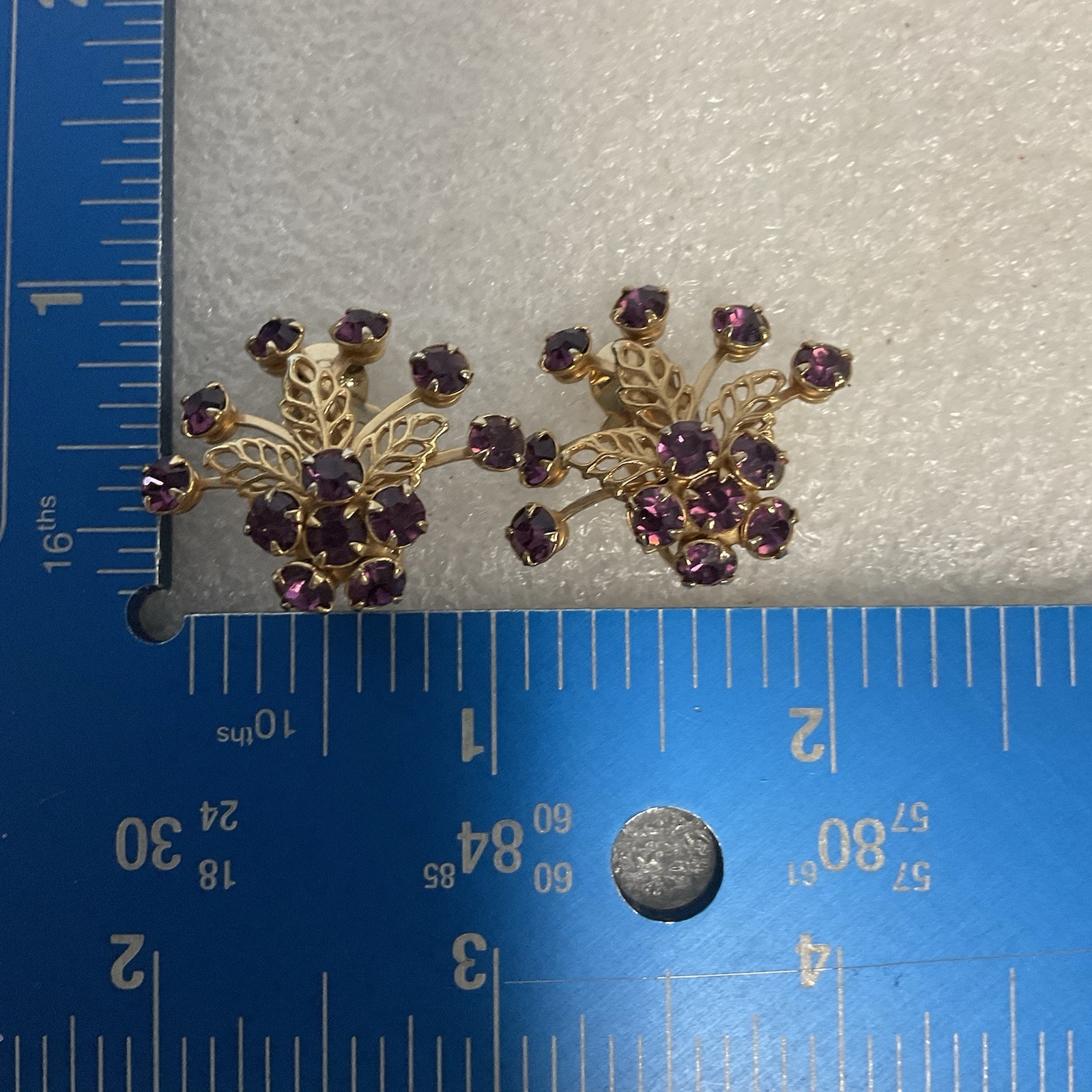 Vintage Purple Rhinestone Floral Cluster Clip-On Earrings Gold Tone - Image 17