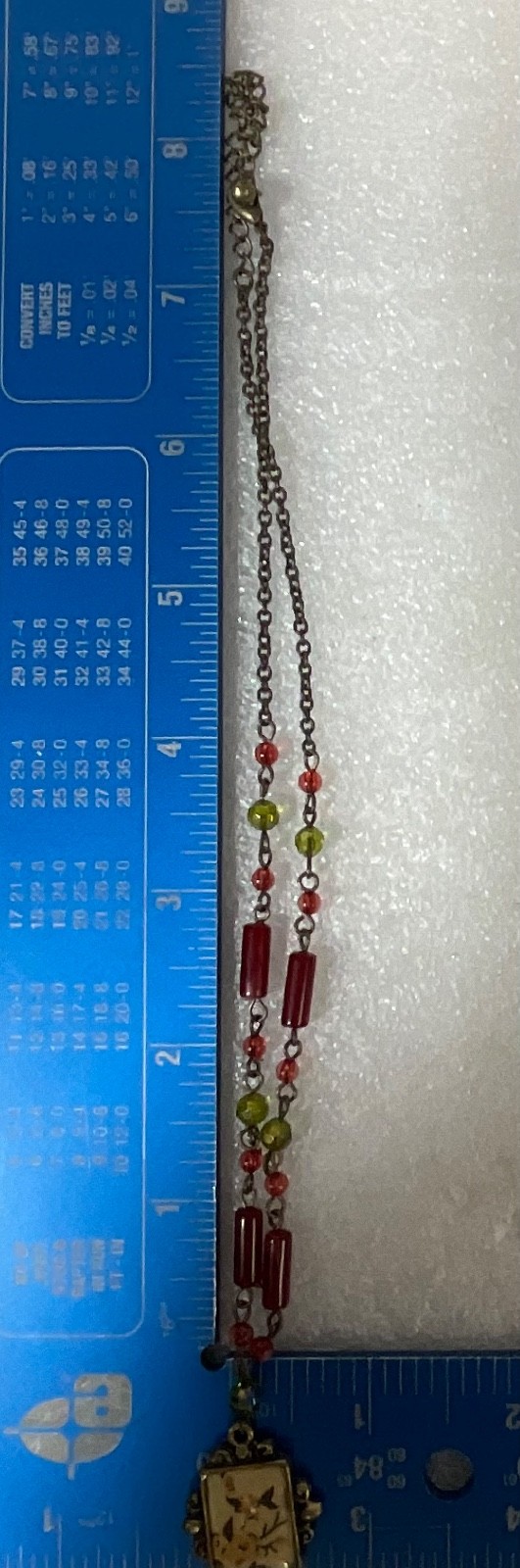 17in Hand Painted Floral Pendant Necklace Red & Green Beads Brass Tone Chain 14. - Image 10