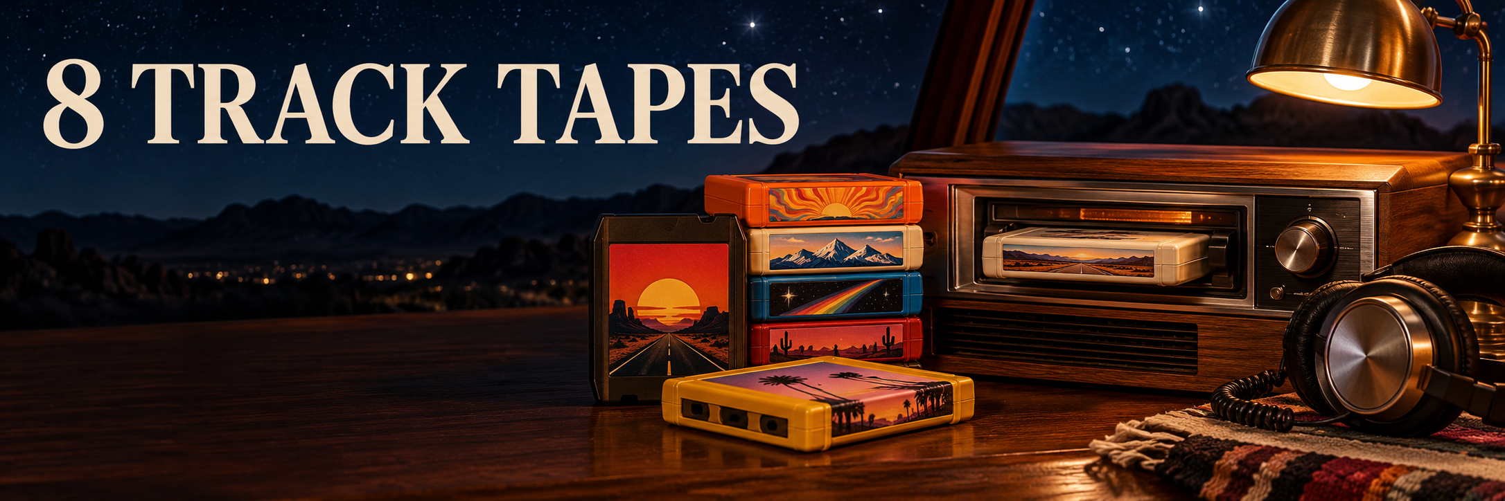 8 TRACK TAPES — colorful vintage 8-track cartridges and player