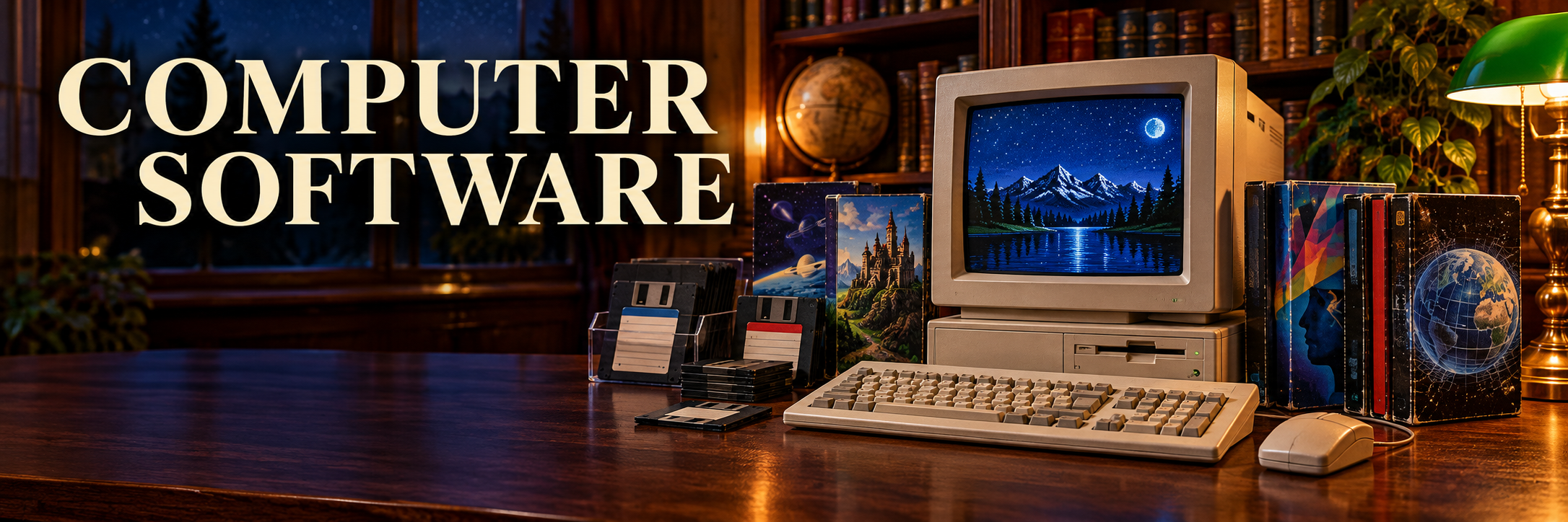 COMPUTER SOFTWARE — vintage computer, floppy disks, and boxed software