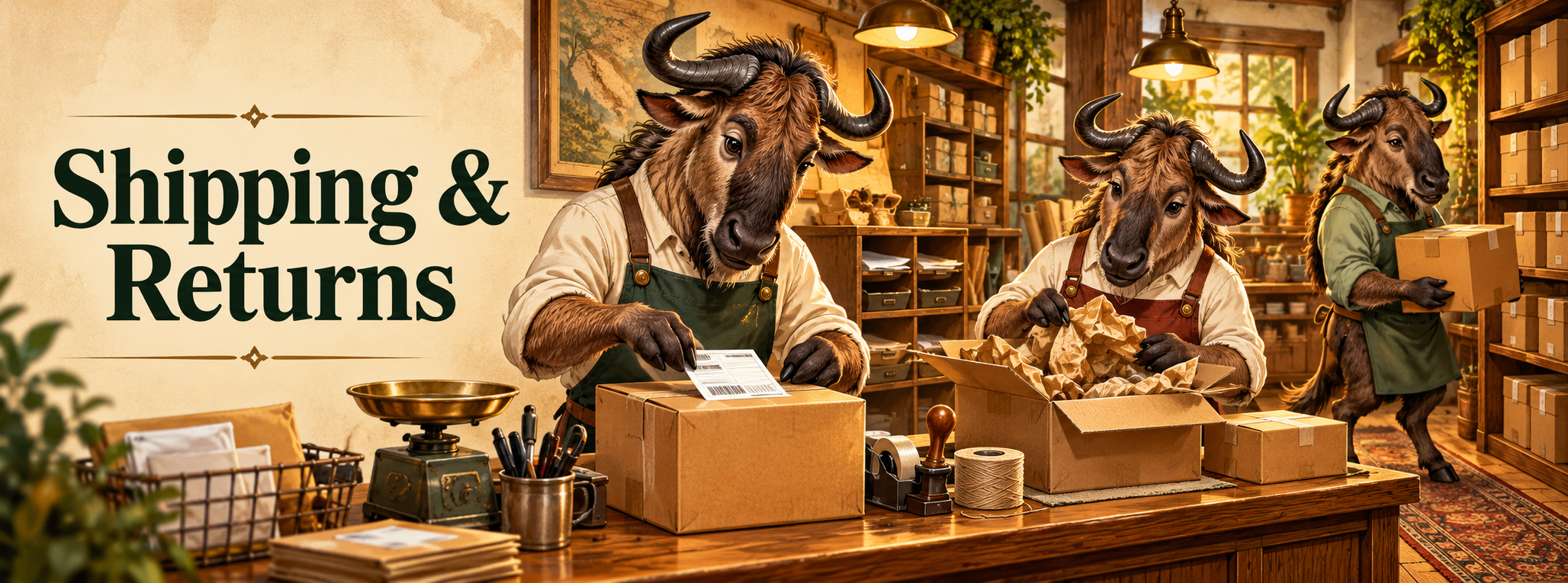 Gnu staff processing shipping labels, packages, and returns