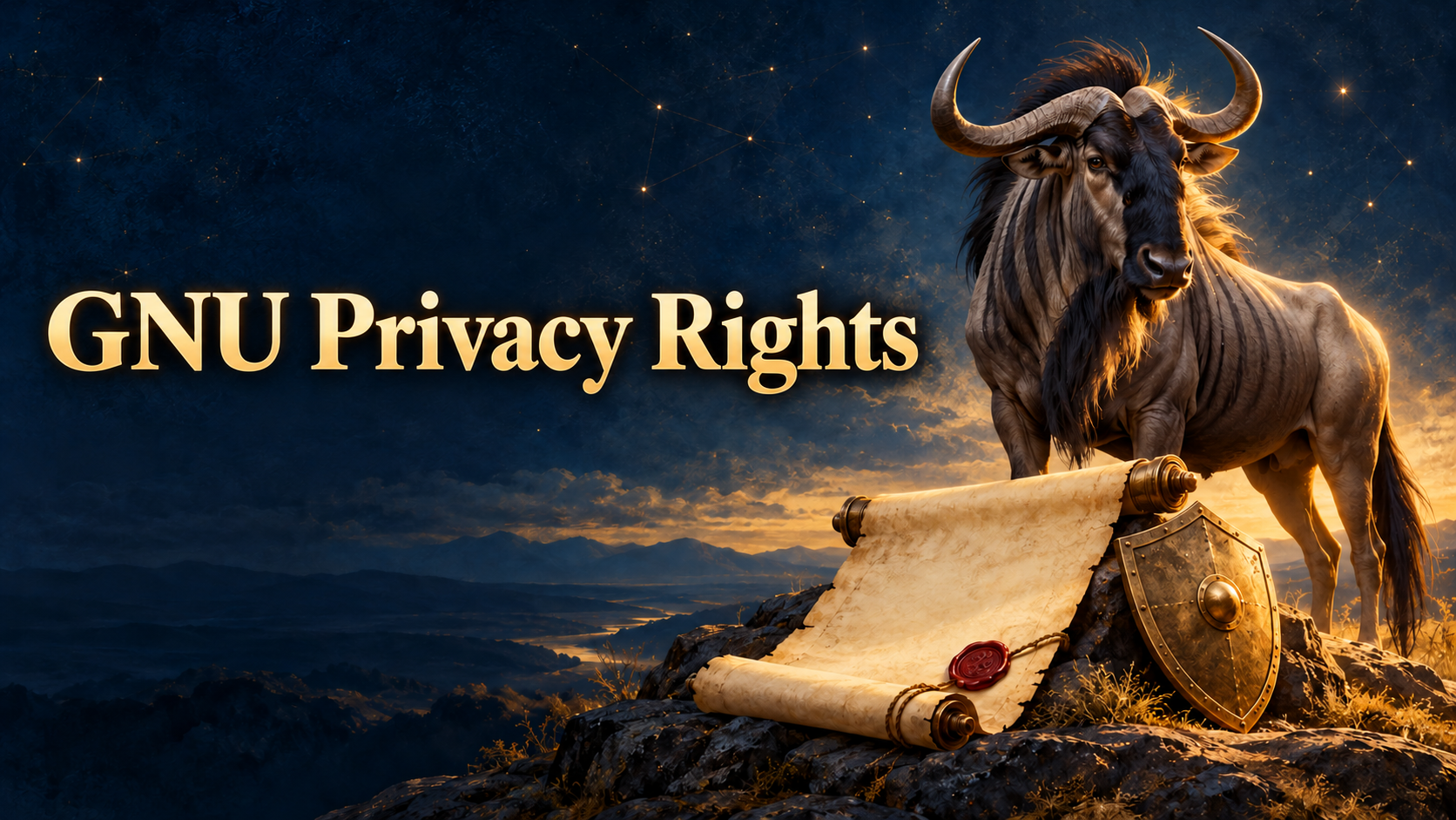 GNU Privacy Rights: a protective gnu with a parchment scroll and shield