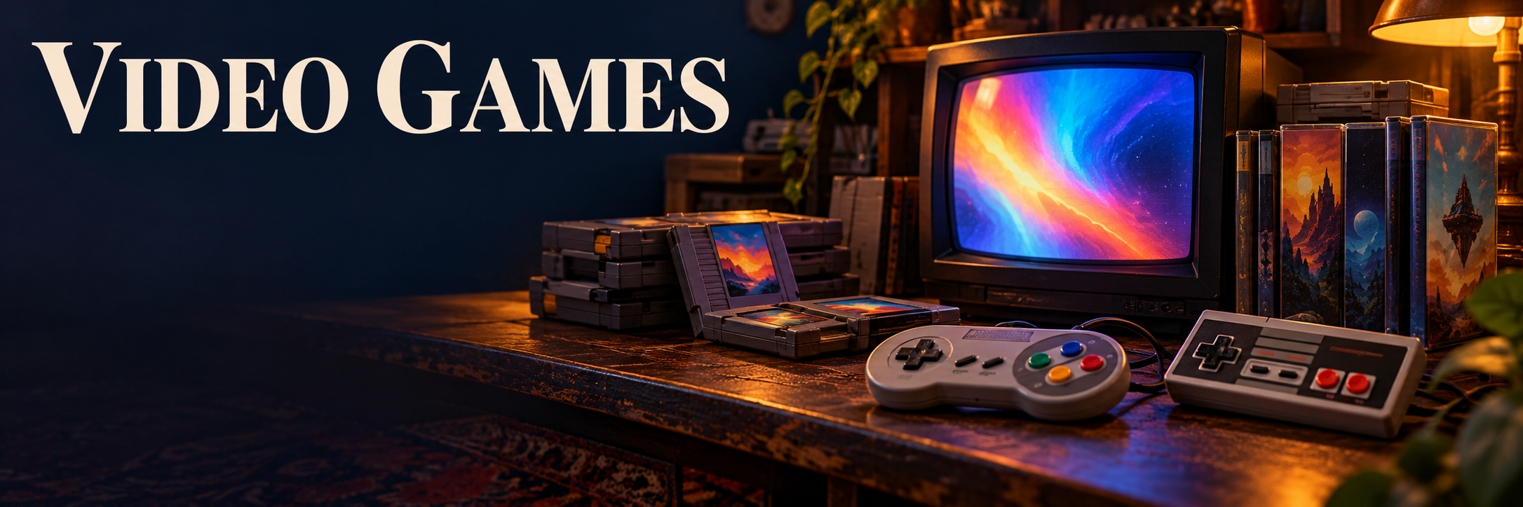 VIDEO GAMES — vintage cartridges, controllers, and CRT television
